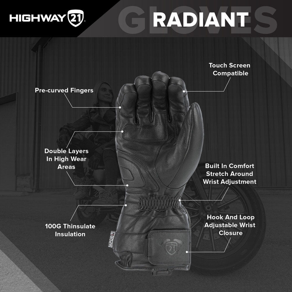 HIGHWAY 21 Radiant Gloves, Heated Leather Motorcycle Gloves, Black