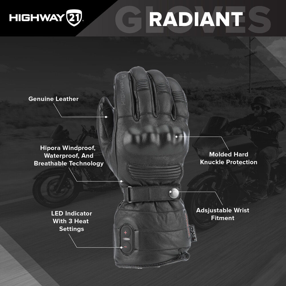 HIGHWAY 21 Radiant Gloves, Heated Leather Motorcycle Gloves, Black